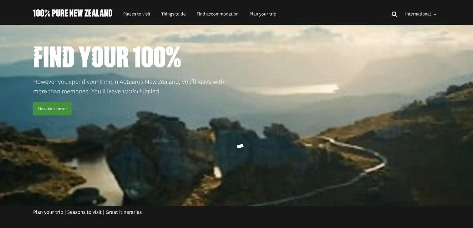 newzealand.com homepage with the Find Your 100% hero and navigation for places, things to do, accommodation and trip planning